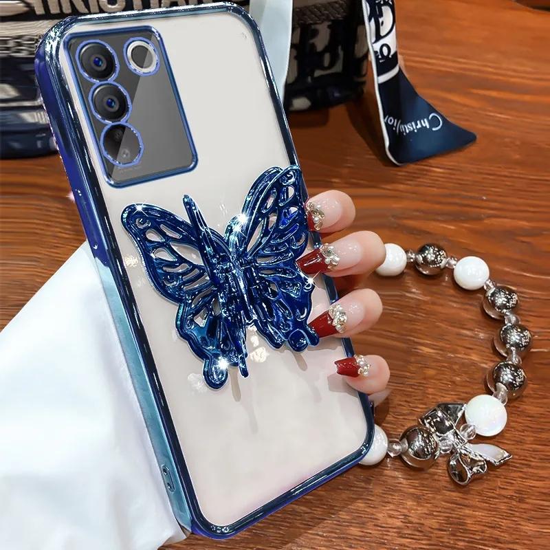 3D Butterfly Phone Holder Bead Bracelet Glitter Plating Case for Samsung Galaxy S24 S23 S22 S21 S20 FE Ultra S10 Plus Cover