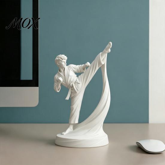 Desktop Ornament 3D Printed Karate Kick Man Statue, White Martial Arts Figurine Sculpture, Modern Home Decor Taekwondo Character Ornament, Minimalist