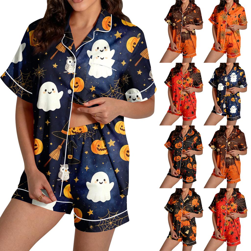 Women's Halloween Pajama Set Short Sleeve Button Down Shirt and Shorts 2-Piece Sleepwear