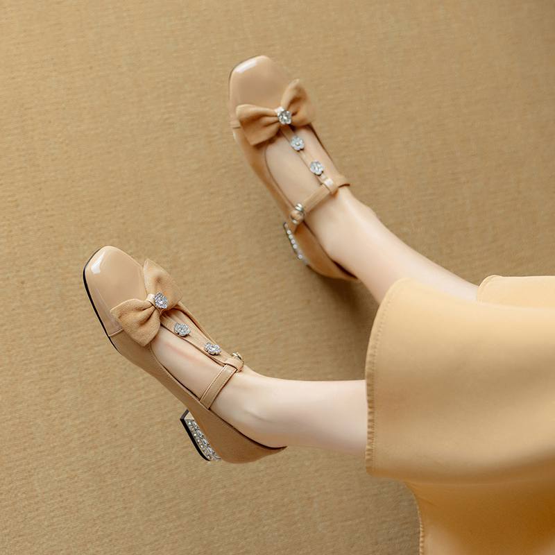 Krazing Pot Sheepskin Summer Size 40 Crystal Low Heels Butterfly-knot Rhinestone Flowers Square Toe Elegant Sweety Pumps