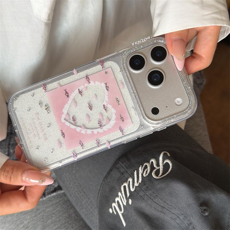Kawaii Pink Heart Lace Fish Print Glitter Clear Phone Case For iPhone 15 16 17 Pro Max INS Sweet Coquette Style Large Window Sho