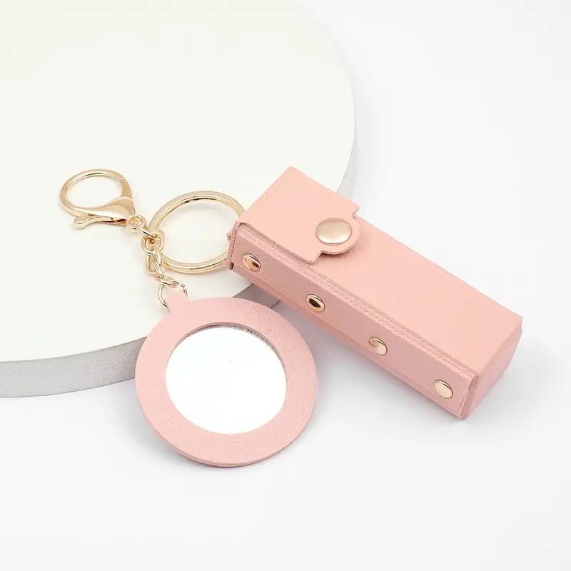 Portable Lipstick Bag with Mini Mirror Keychain - PU Leather Cross-border Car Charm