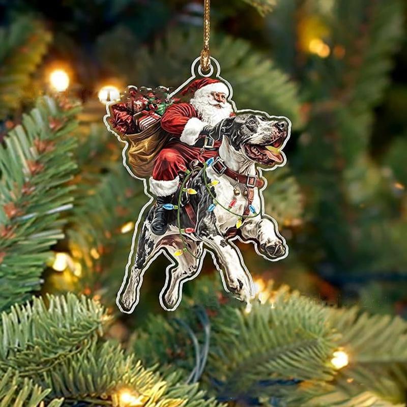 2026 Santa Claus And His Funny Dog Ornament 2D Flat Acrylic Pendant Christmas Decoration For Home Xmas Tree  Year Kerst