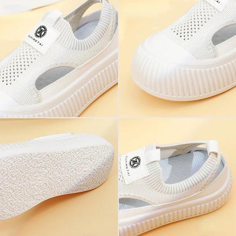 New Korean Mesh Hollow Out Breathable Flat Shoes White Casual Platform Knitted Shoes Sneakers Zapatillas Mujer 2025