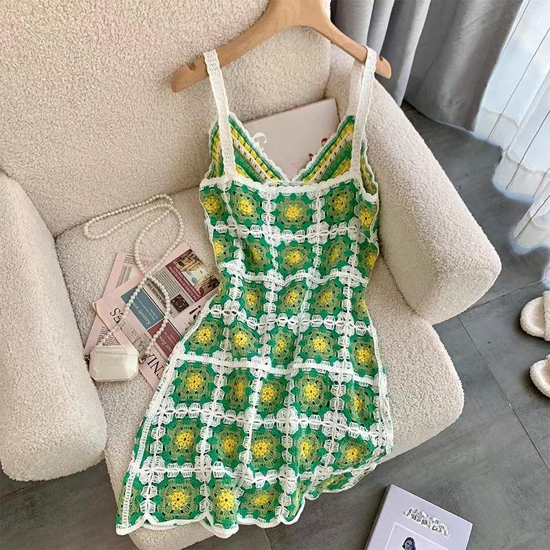 Summer Women's Craft Crochet Square Sexy Backless Halter Dresses