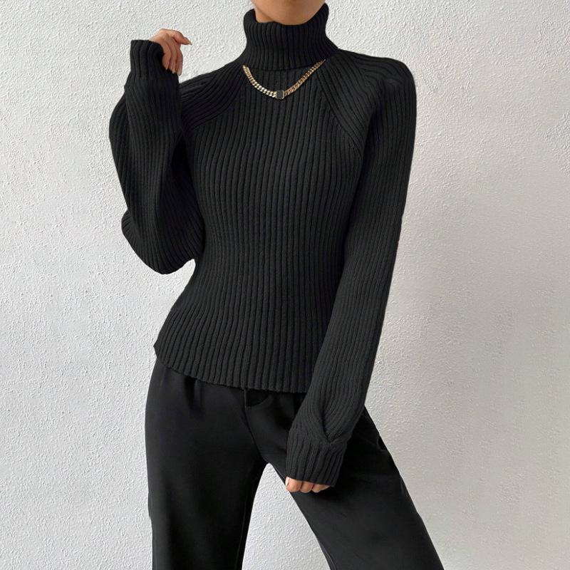 Women's Fashion Pullover High Neck Raglan Sleeves Versatile Top Solid Color Interior Sweater