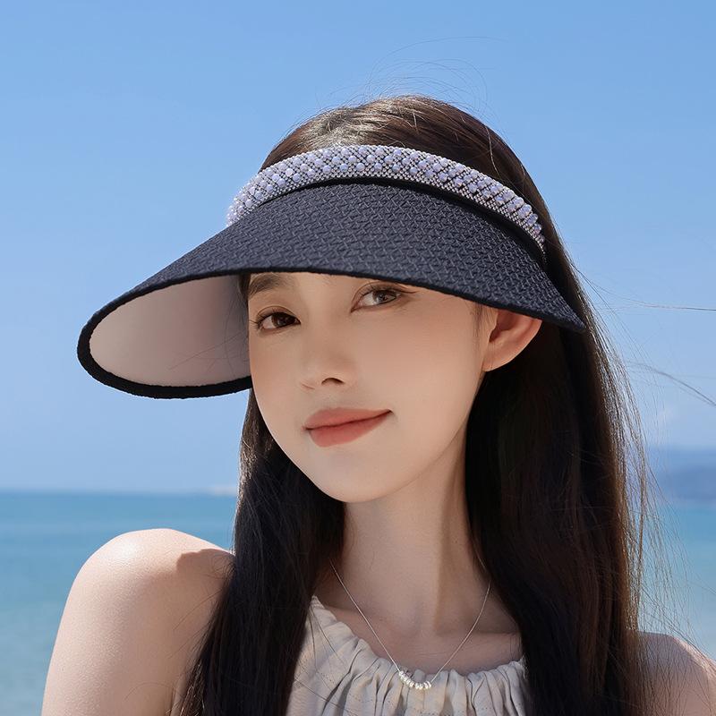 

Летняя шляпа от солнца детская универсальная модная жемчужная шляпа с открытым верхом стиль повязки шляпа с большими полями для улицы