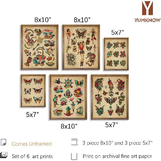 Tattoo Shop Wall Decoration - Old School Tattoo Pictures - Vintage Tattoo Poster Picture Set - Gift for Tattooist - Tattoo Flash Wall Art & Decor -