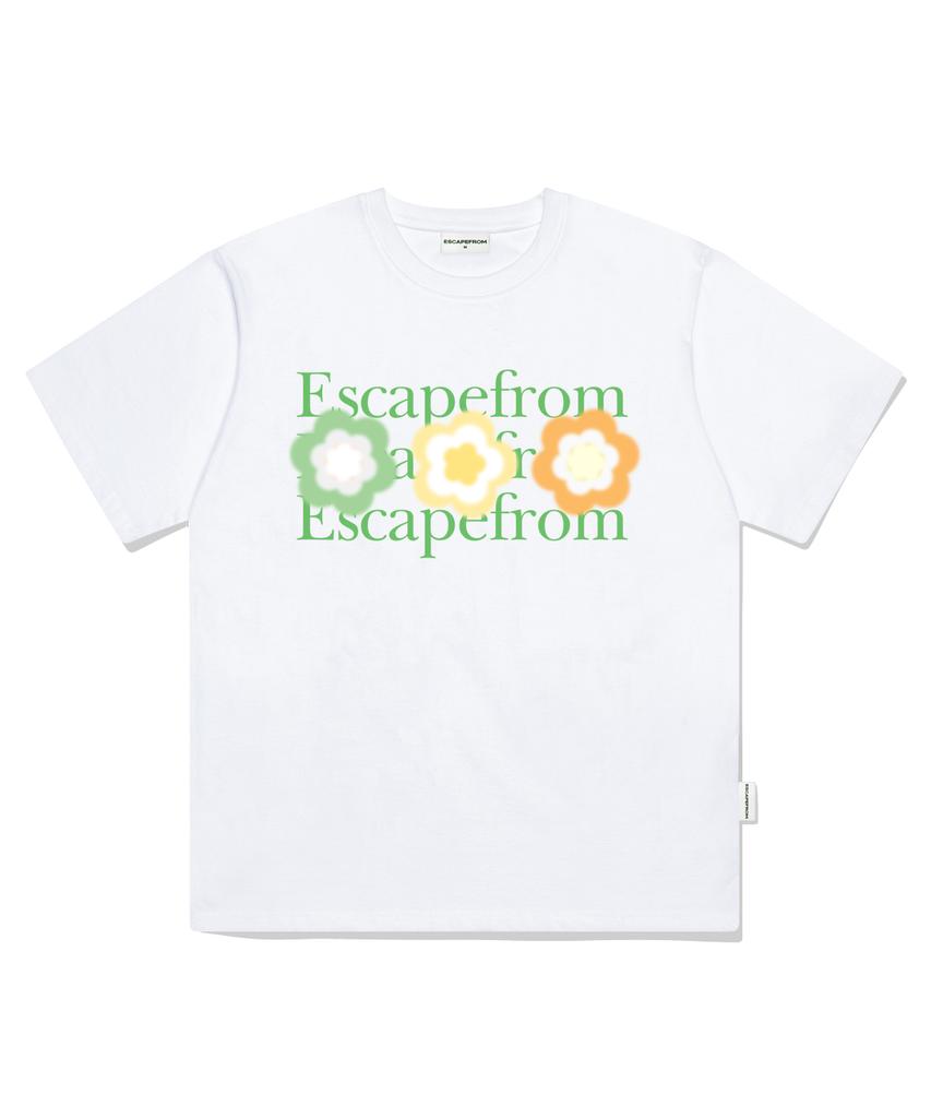 ESCAPEFROM Green Logo Three Flower Print Oversized Short Sleeve T-Shirt White