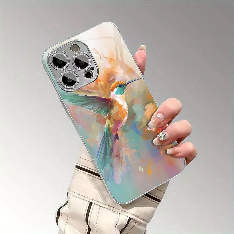 Colorful Hummingbirds Tempered Glass Phone Case For iPhone 17 16 15 14 13 12 11 Pro Max 14 Plus 17Air Electroplate Silver Cover