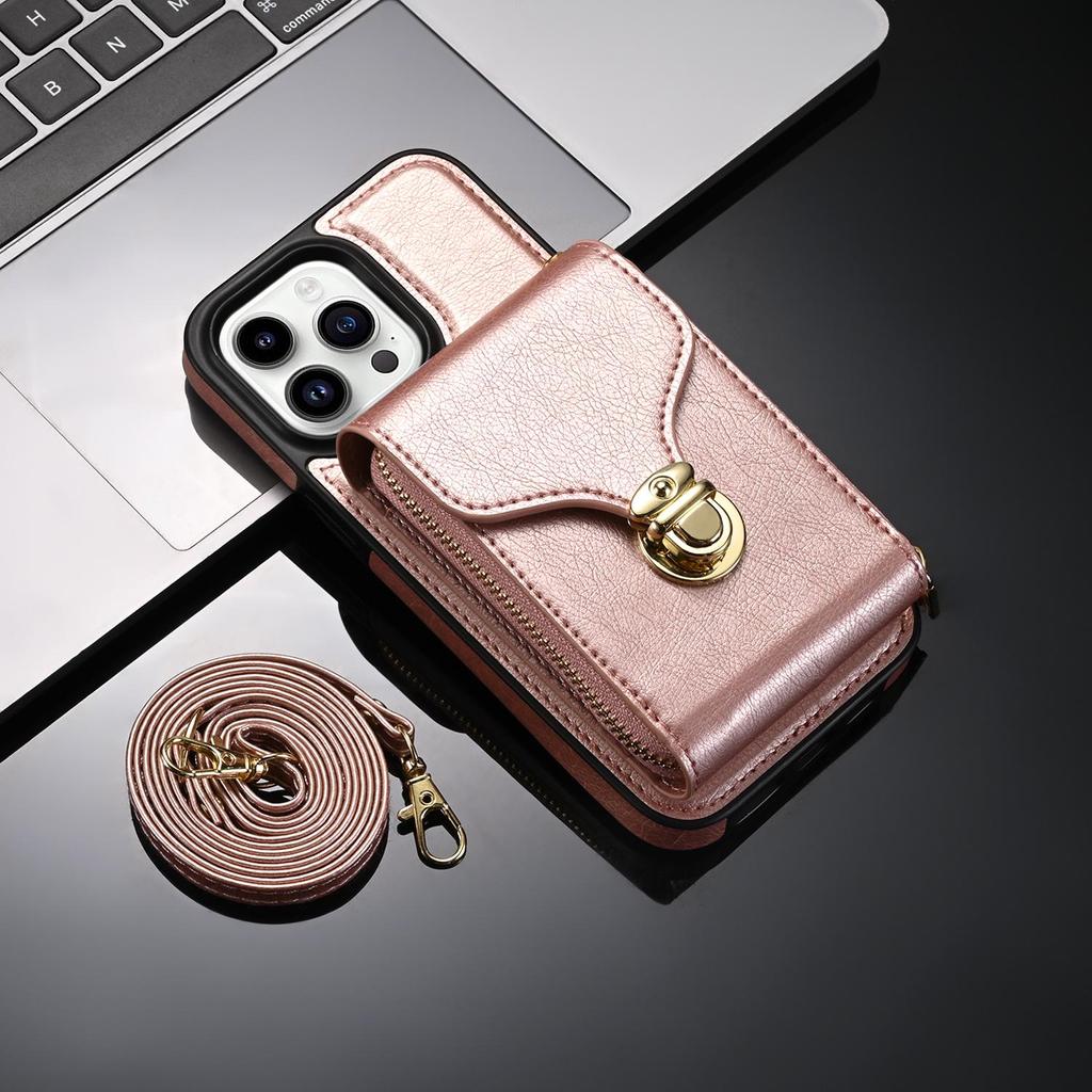 Crossbody iPhone Hülle mit Umhängeband, Kartenfach, Reißverschluss - Passend für Apple Handys 13-15, 12 Pro