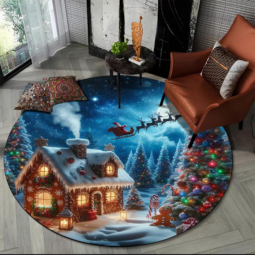 Cartoon Santa Claus Merry Christmas Snowman New Year Round Carpet Rug for Bedroom Living Room Sofa Decoration,Decor Floor Mat