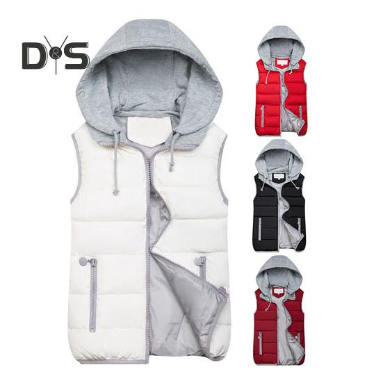 Women Winter Vest Coat Hooded Color Matching Zipper Closure Drawstring Sleeveless Padded Thick Waterproof Windproof Soft Warm Lady Waistcoat
