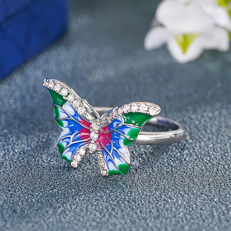 Huitan Fresh Style Women Ring Colorful Enamel Butterfly Inlaid Brilliant CZ Animal Accessories for Party Daily Trendy Jewelry