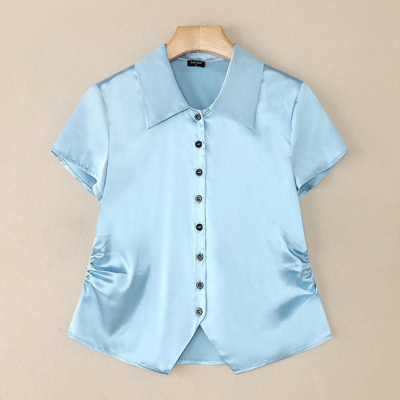 

VONDA Women Lapel Collar Short Sleeve Satin Slim Waist Casual Blouse 5XL синий
