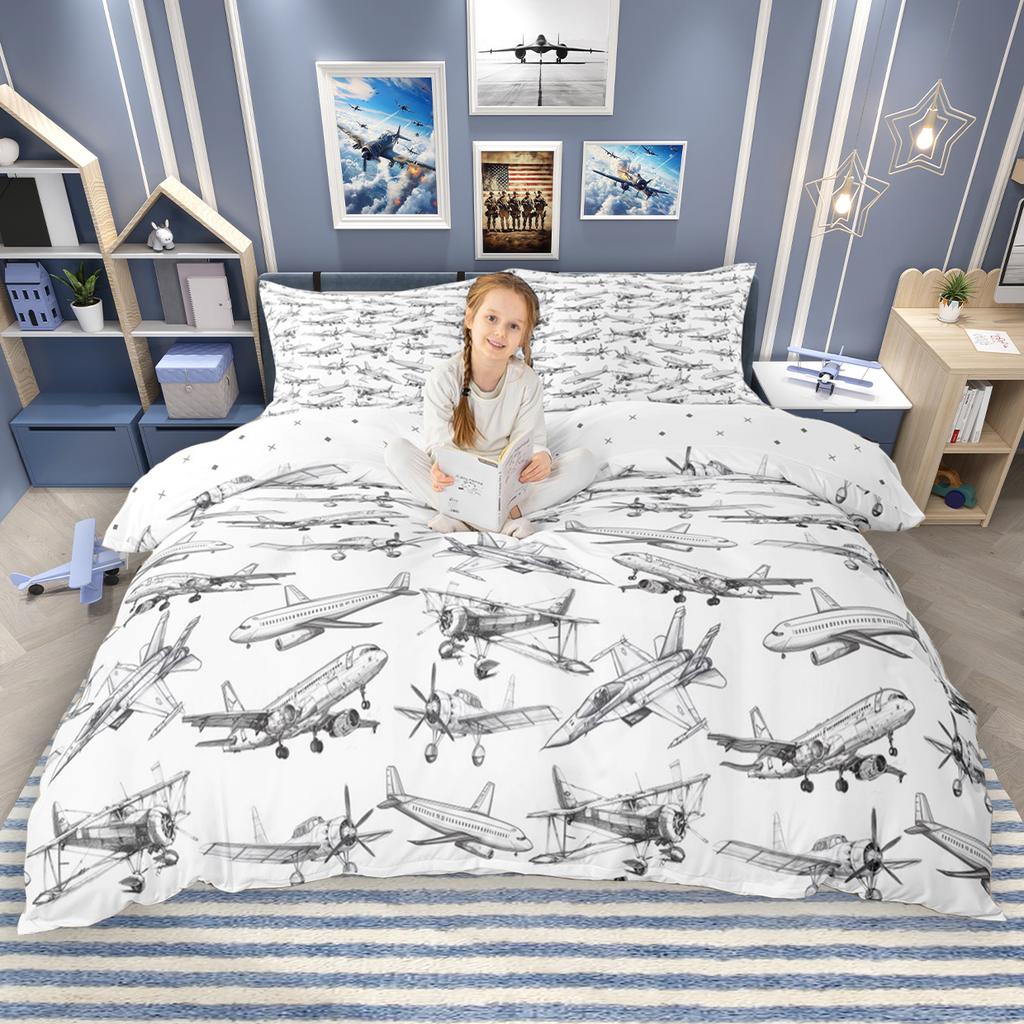 Homewish Cartoon Aircraft Train Duvet Cover Set for Children 2pcs/3pcs, Airplane Steam Engine Bedding, Transportation Bed Set