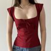 Damen Rot Quadratischer Ausschnitt Spitze Besatz Schleife Detail Kurze Ärmel Schlanke Passform Lässige Bluse