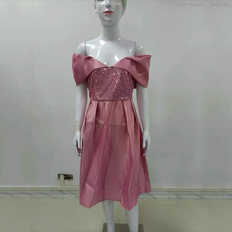 

Женское розовое платье средней длины с пайетками Банкетные вечерние платья с открытыми плечами и пайетками Простые платья величия XXXL