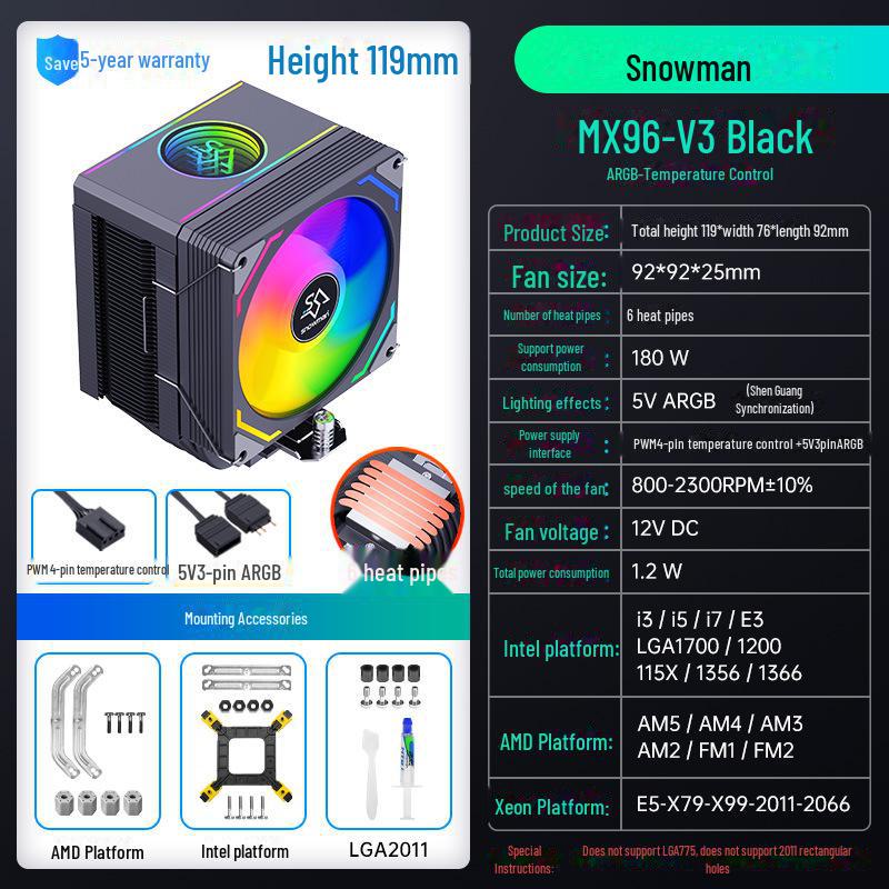 SNOWMAN Bingman MX96 Silent Heat Pipe CPU Cooler, Air Cooled for Computer Fans, Compatible with AMD, X99, LGA 1700, 2011, with 6 Heat Pipes.