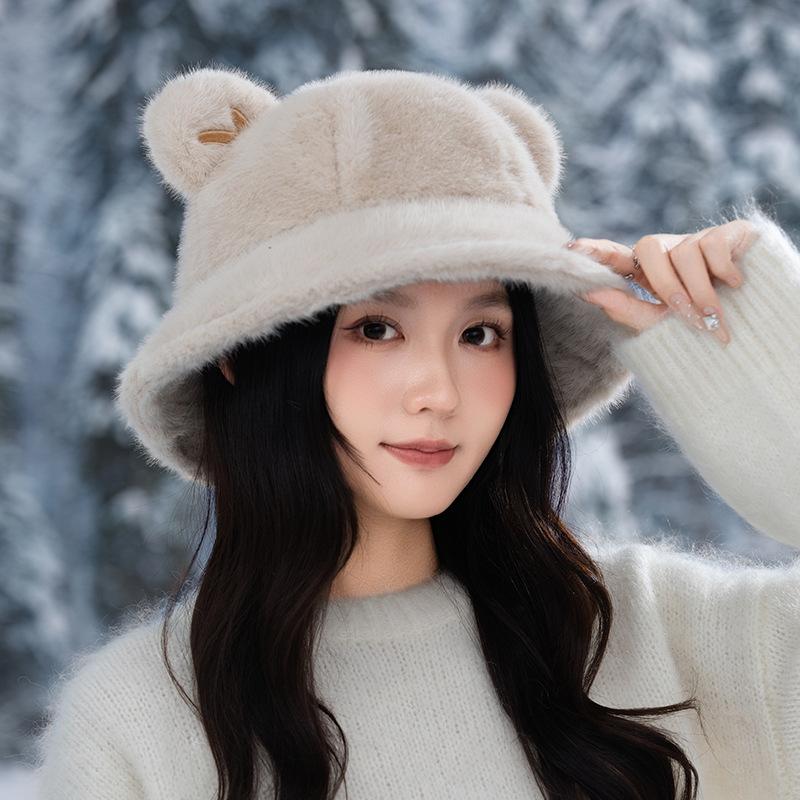 Autumn and winter hats women's thickened plush bucket hats show small faces bucket hats cute ears warm basin hats