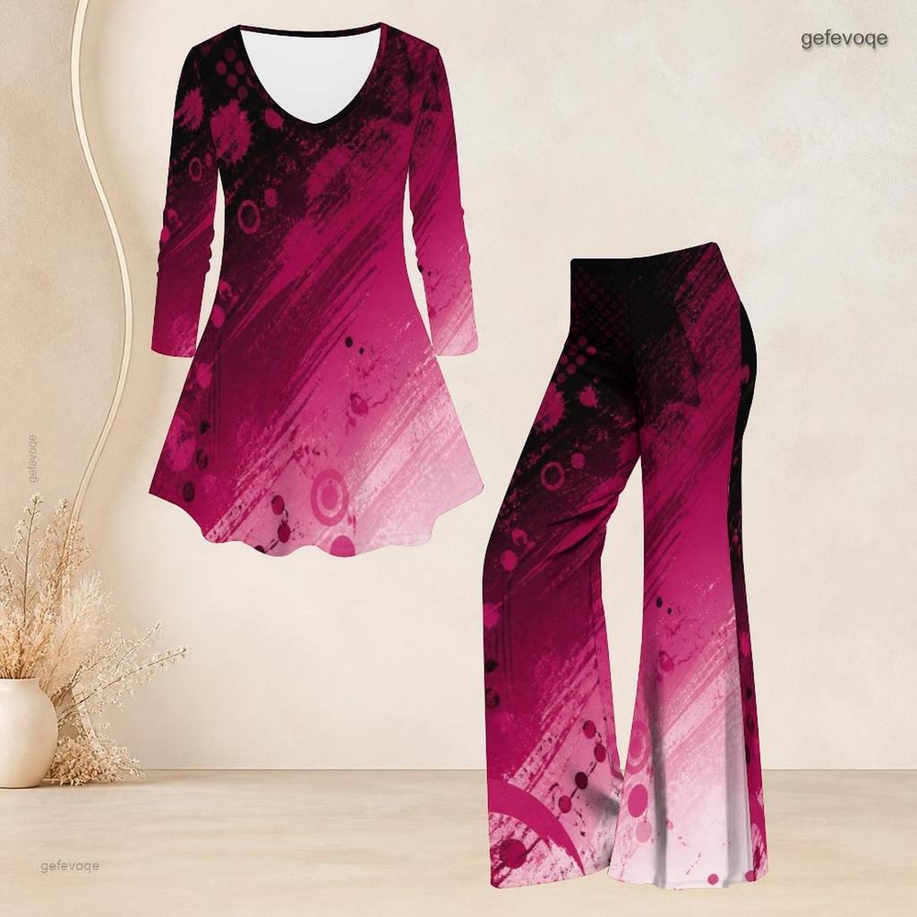 Women Plus Size Printed V Neck Three Quarter Sleeve Flared Top Flared Pants Two Piece Set