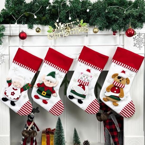 3D Christmas Stocking Santa Snowman Reindeer Cat Dog Pattern Traditional Holiday Hanging Stocking Fireplace Decor