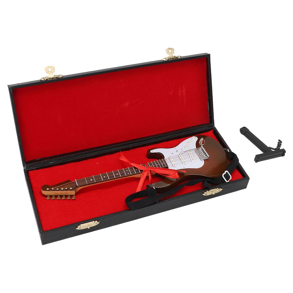 Miniature Electric Guitar Model Wooden Mini Figurine Toy with Stand Case Home Decor 24cm White
