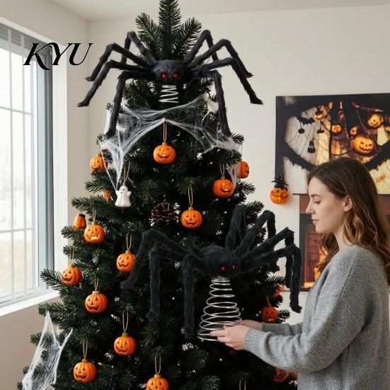 Festive Spider Decorations Halloween Tree Topper, Spooky Large Black Furry Topper Ornament with Spiral Base for Home Party Haunted House Supplies