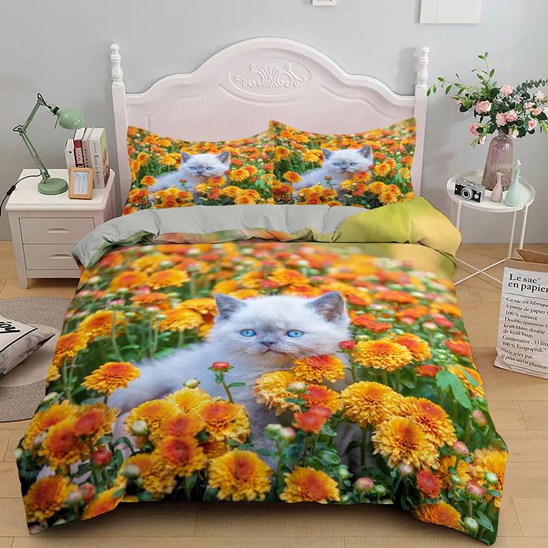 Cat Flowers King Queen Duvet Cover 3D Pet Kitty Floral Bedding Set Teens Adult Yellow Chrysanthemum 2/3pcs Polyester Quilt Cover
