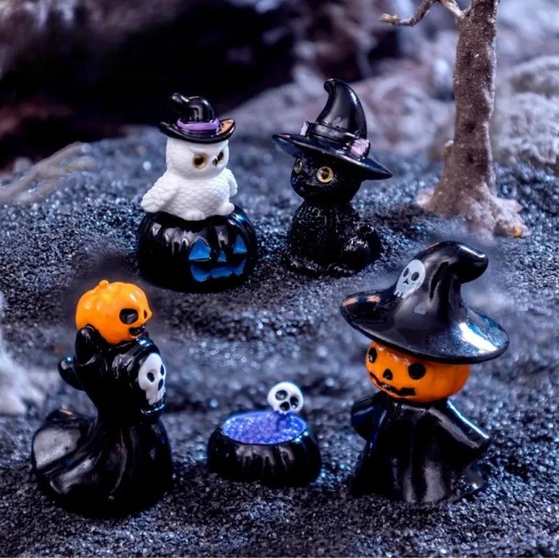 12PC Halloween Ornament Cartoon Witch Ghost Pumpkin Figurine Micro Landscape Dollhouse Model Car Interior Desktop Decoration