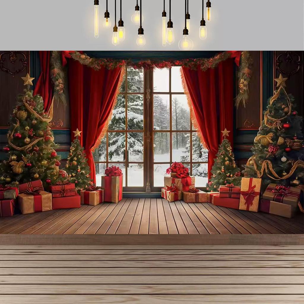 Christmas Red Curtain Decoration Backdrop Winter Snow Scenery Fireplace Santa Claus Photography Backdrop Holiday Party Supplies