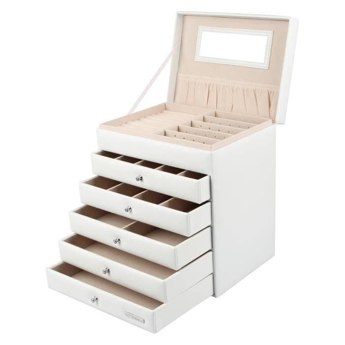Yorbay Boîte à Bijoux Coffret à Bijoux 6 Étages pour Boucles d'oreille Colliers Bracelets (5 Tiroirs, Blanc)