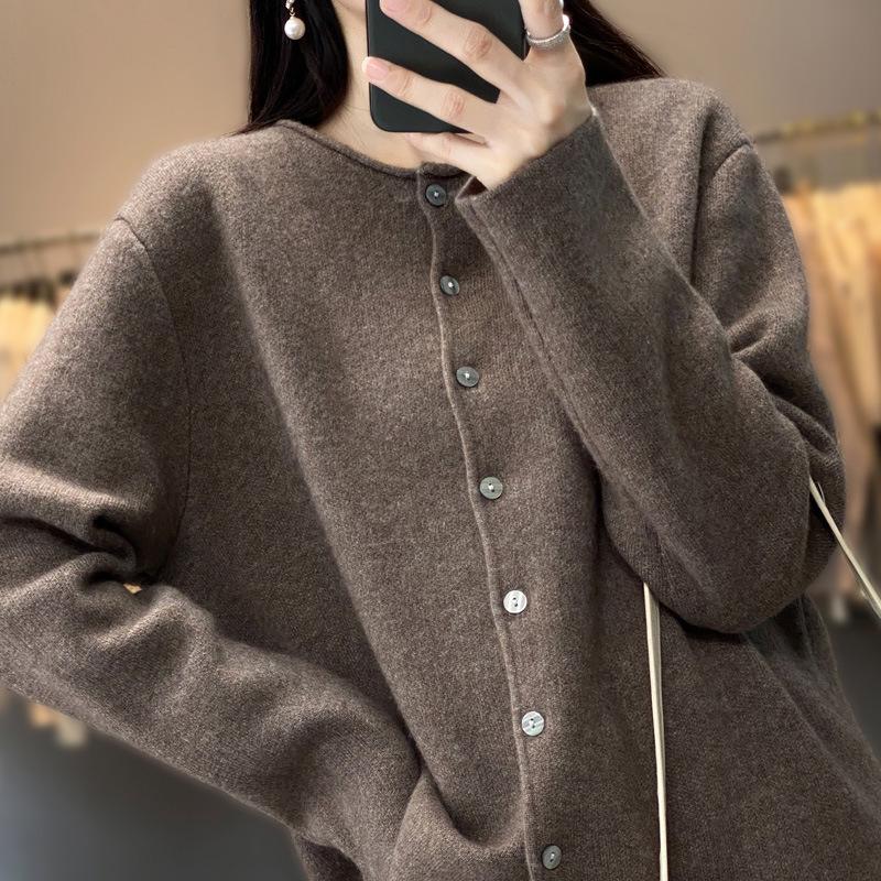 2025 Women's Autumn/Winter Slimming Wool Knit Cardigan - Round Neck, Rolled Edge, Solid Color Sweater Coat