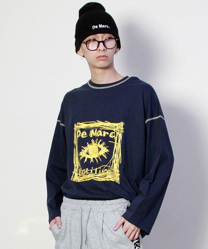 Deumakeu Square Graphic Stitch Long Sleeve T-Shirt Navy