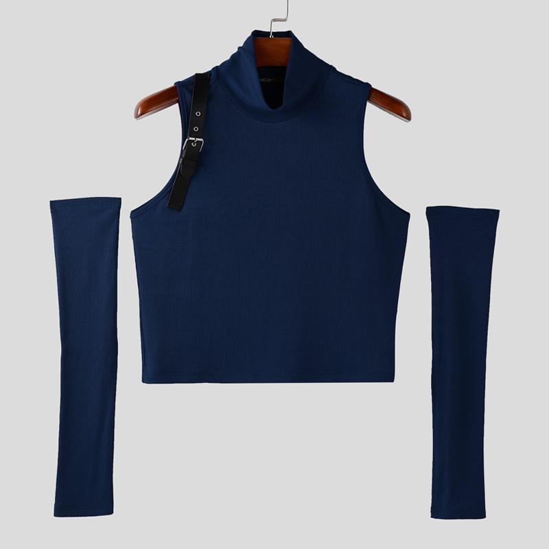 INCERUN Men Turtleneck Sleeveless Rib Casual Fitted Crop Tank Tops with Oversleeve