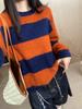 Women's Wool Sweater - Loose, Slouchy, Visually Slimming, Color-Blocking Stripes, Perfect for Autumn & Winter, Versatile As Outer or Inner Layer