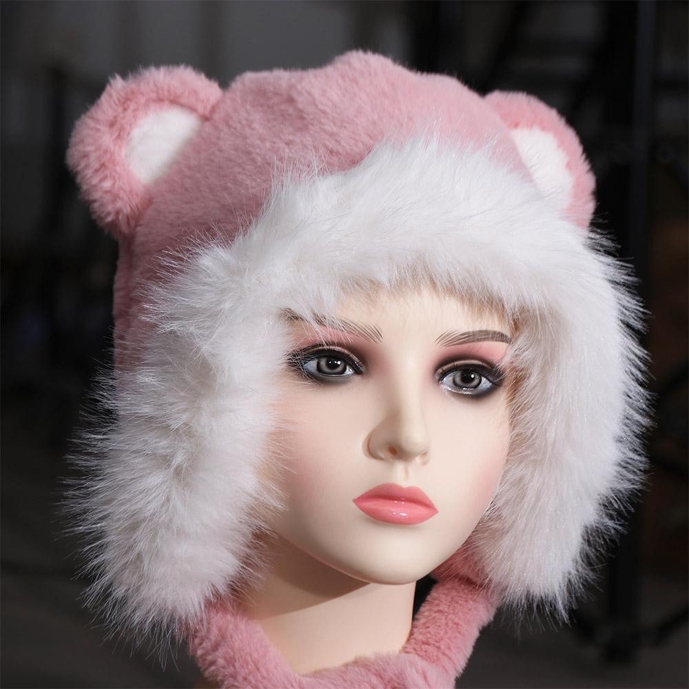 Korean Faux Fur Bucket Hat Warm Women Fluffy Hats Trendy Cute Bear Ear Hat  Lady