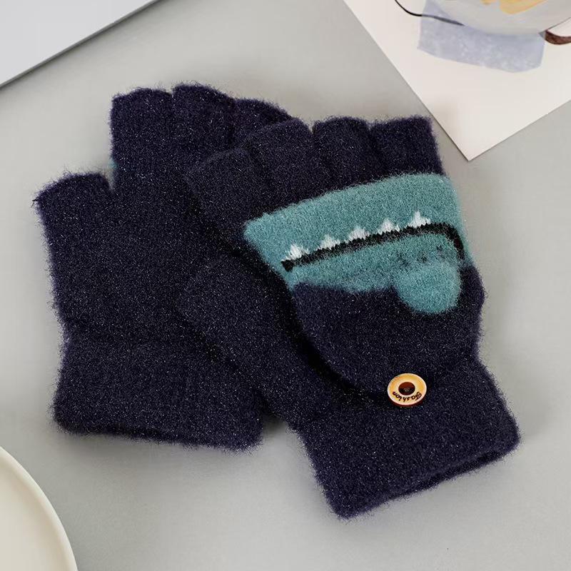 Children's Flip-Top Half-Finger Winter Gloves - Crystal Mink Dinosaur Design