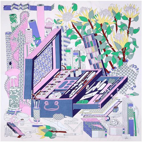 

POBING 130x130cm Square Silk Scarf Women Luxury ToolBox Floral Print Foulard Silk Head Scarves Stoles Femme Twill Scarf