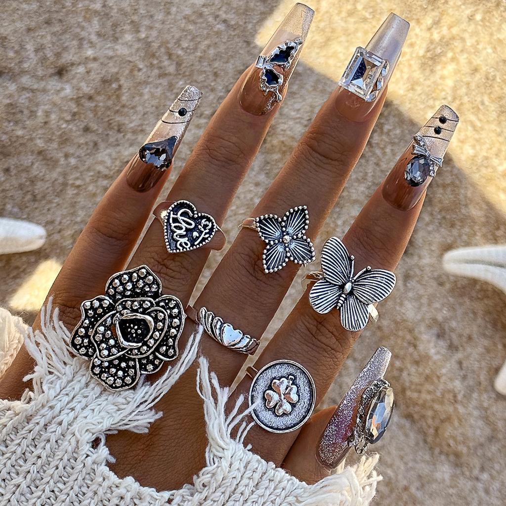 European and American Bohemian Starfish Scallop Ring Beach Style Coconut Tree Butterfly Carved Vintage Ring Set