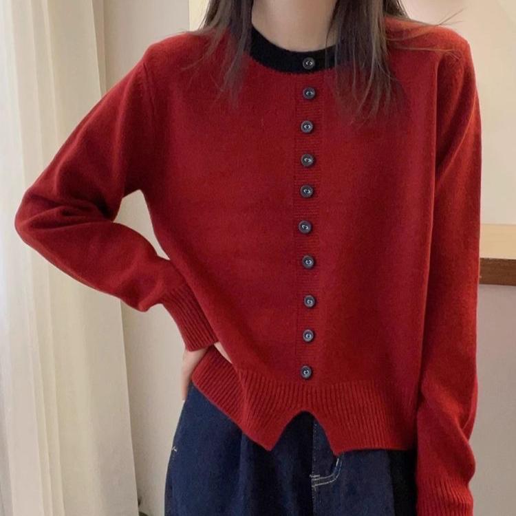 Single-breasted Knitted Sweater for Women Korean-style Round-neck Sweater Loose and Fashionable Long-sleeved Pullover for Women In Autumn and Winter