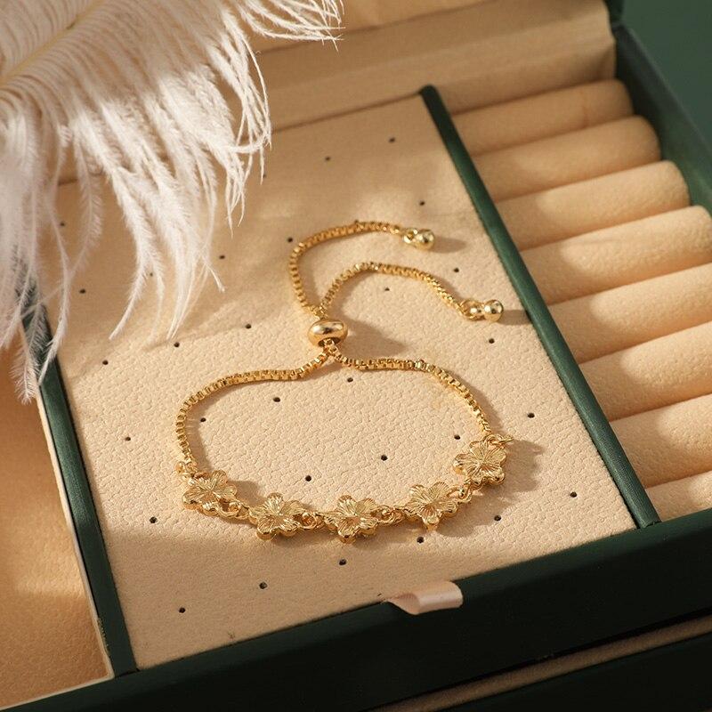 2pcs Gold-color And Silver-plated Bracelets Light Luxury Style Flowers Small Stars Brass Beads Adjustable Jewelry