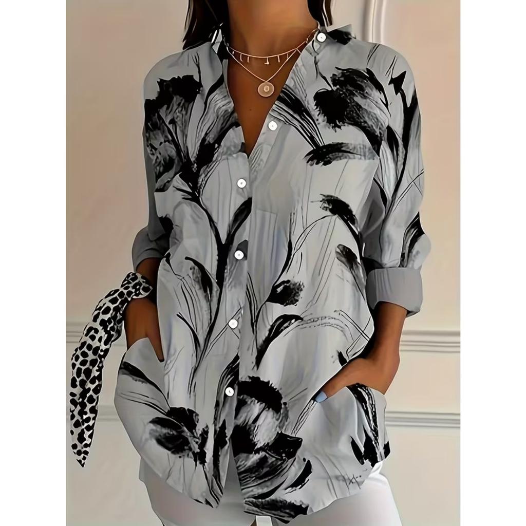 2026 New Women Autumn Blouse Multi Colored Print Lapel Button Up Womens Shirt Long Sleeve Elegant Daily Office Ladies Blouse Top