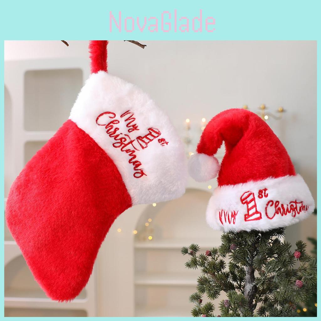 Christmas Plush Santa Hat And Stocking Set For Holiday Decor And Gift Bags