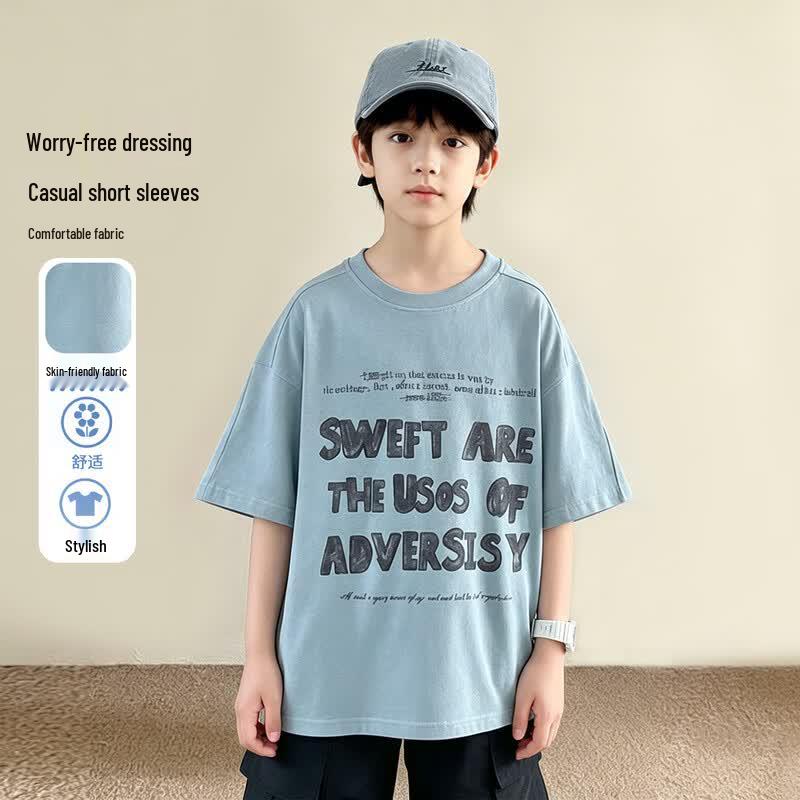 Frog Prince Boys  2026 Summer Letter Print Loose Short Sleeve T-Shirt 140