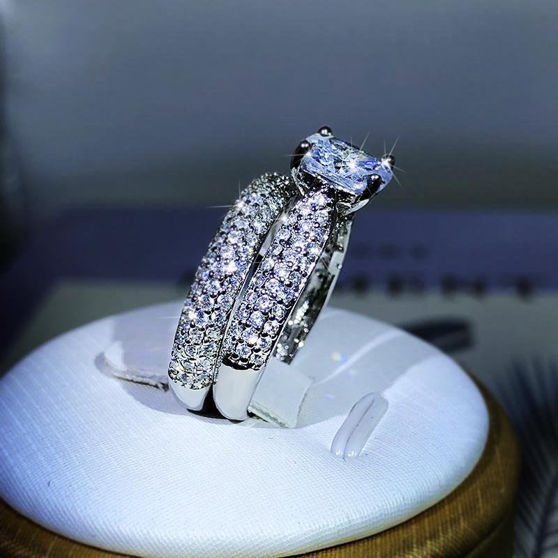 Copper High Quality Fashion Double Ring For Couple White Zircon Super Flash Ring Birthday Party Jewelry Gift