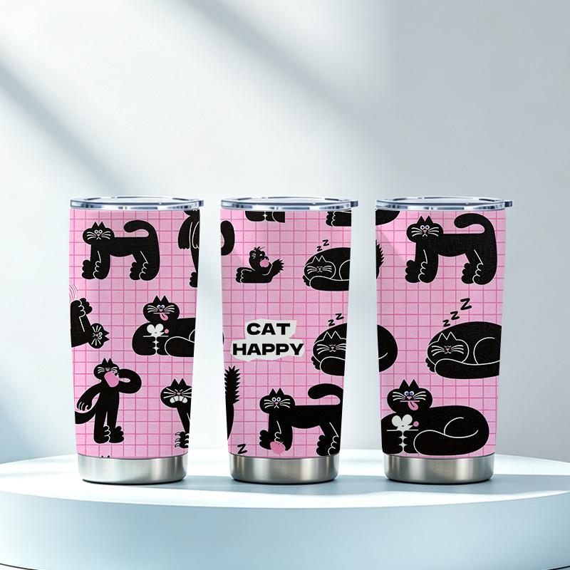 Car Tumbler 591ml(1 Random Straw Included)Multi-Pose Pink Plaid Black Cat MotifVacuum Insulated Cup Large Iced Cup Creative Gift Cup