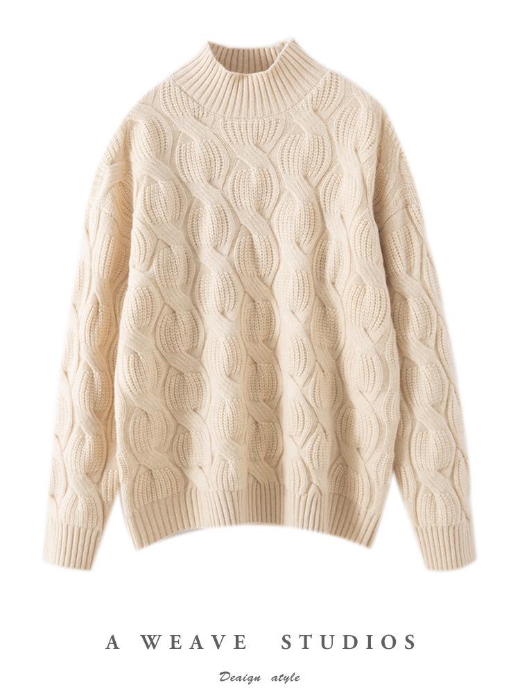 Women's Red 100% Pure Wool Lantern Sleeve Sweater with Half-High Collar and Twist Pattern - Loose Knit Pullover