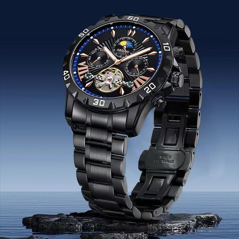 Men Business Casual Mechanical Watch Calendar Week Moon Phase Multifunctional Waterproof Luminous Stainless Steel Wristwatch