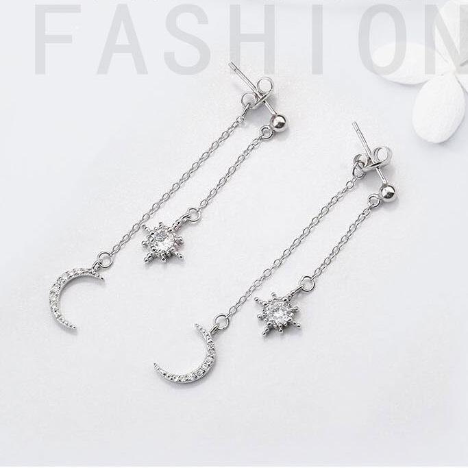 925 Sterling Silver Star & Moon Diamond Long Earrings for Women - Korean Fashion Jewelry